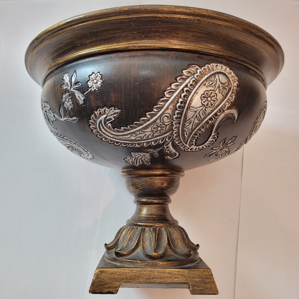 Decorative Pedestal Bowl Home Decor Bronze Gold Silver Paisley Relief Vtg Art